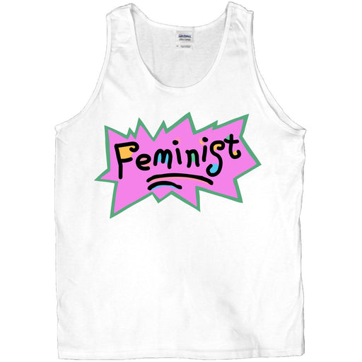 White unisex tank top with Rugrats Logo replaced with the word Feminist