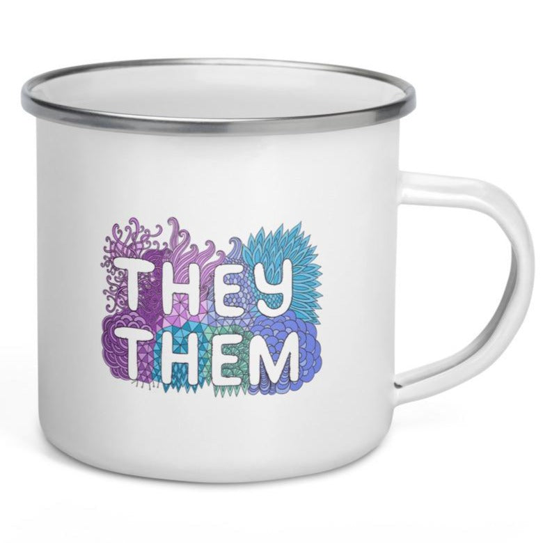 They/Them Pronouns Pastel Doodles -- Enamel Mug