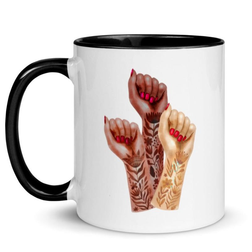 Raised Feminist Watercolor Tattoo Fists -- Mug