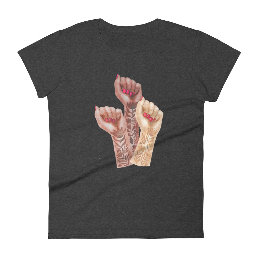 Raised Feminist Watercolor Tattoo Fists -- Women's T-Shirt